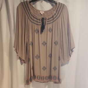 Umgee Tan and Black Embroidered Blouse
